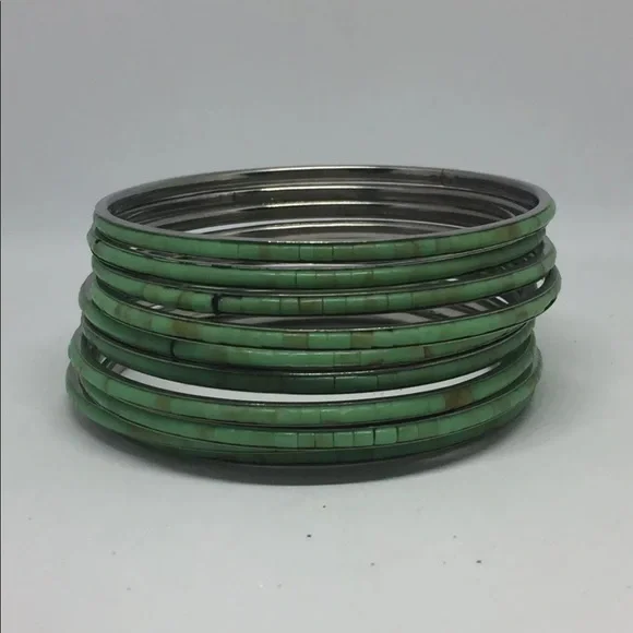 Stack Of 10 Bangles Bracelets Inlaid She’ll Handmade Turquoise - Picture 10 of 14